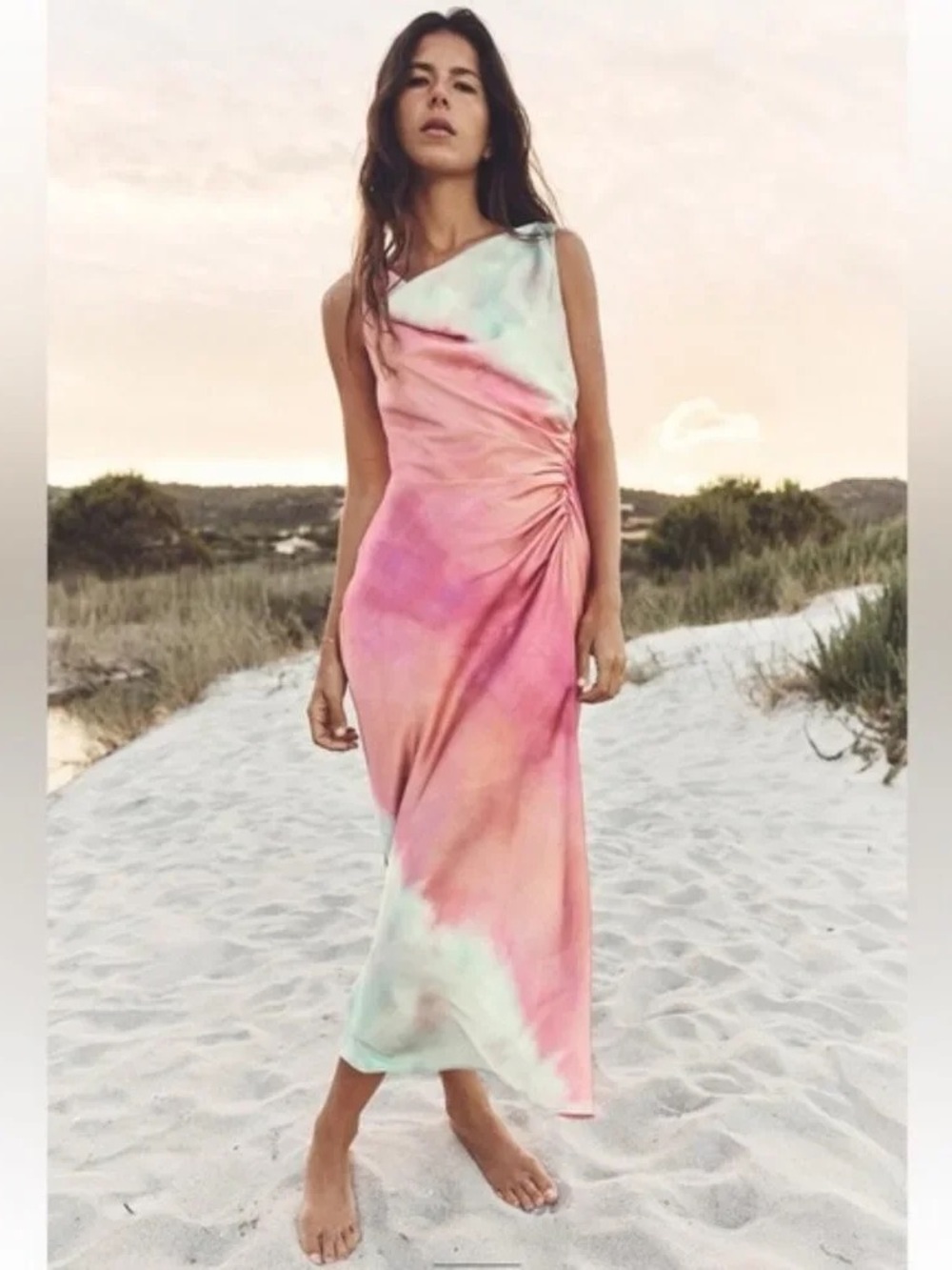 Zara Tie-Dye Pink & Mint Ruched Midi Dress Size L Wedding Guest Party Boho Fairy